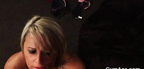 Naughty hottie gets sperm load on her face sucking all the love juice